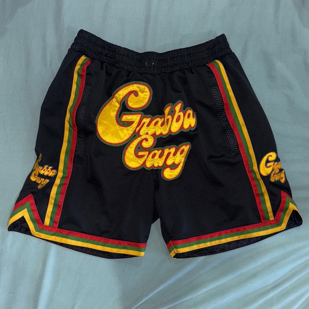 Men's Grabba Gang Black Basketball Shorts with Yellow and Red Accents Size Small